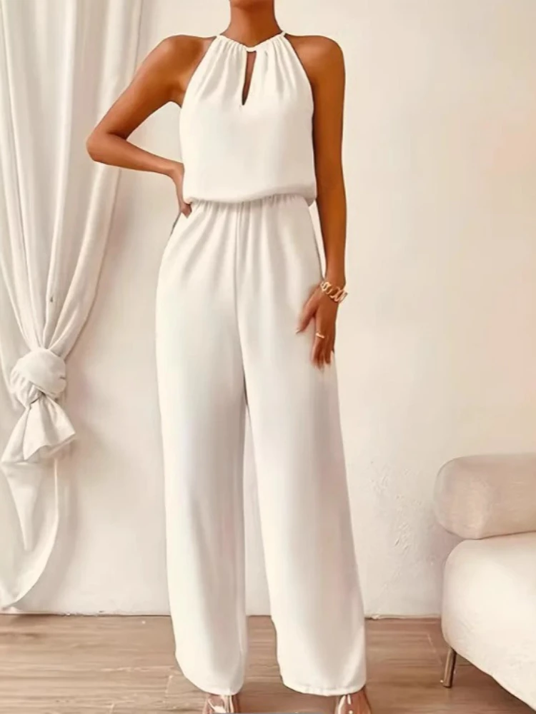 

New in Ladies' Summer Jumpsuit with Elegant Style Cinched Waist Solid Color Hanging Neck Off Shoulder Top Jumpsuit Pants