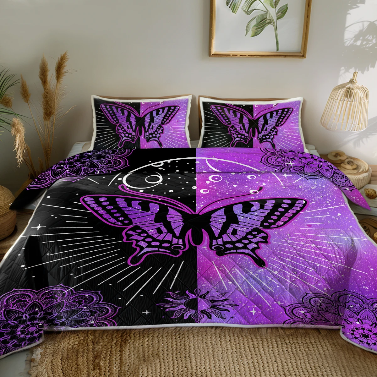 

Half Purple and Half Black Butterfly Printed Quilt Set Home Decor Comforter With 2 Pilowcases For Kids and Adults Bedroom