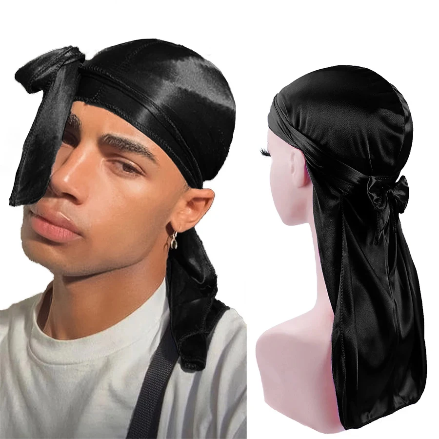 

Новинка 2024, атласный тюрбан Durag, шляпы парики Durag, Байкерская головная повязка, Пиратская шапка, головной убор для мужчин, аксессуары для волос, банданы с длинным хвостом