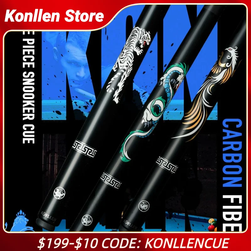 KONLLEN One Piece Snooker Cue Carbon Fiber 10.2mm Black Technology Billiard Cue Ebony Butt with Extension and Case Single Cue