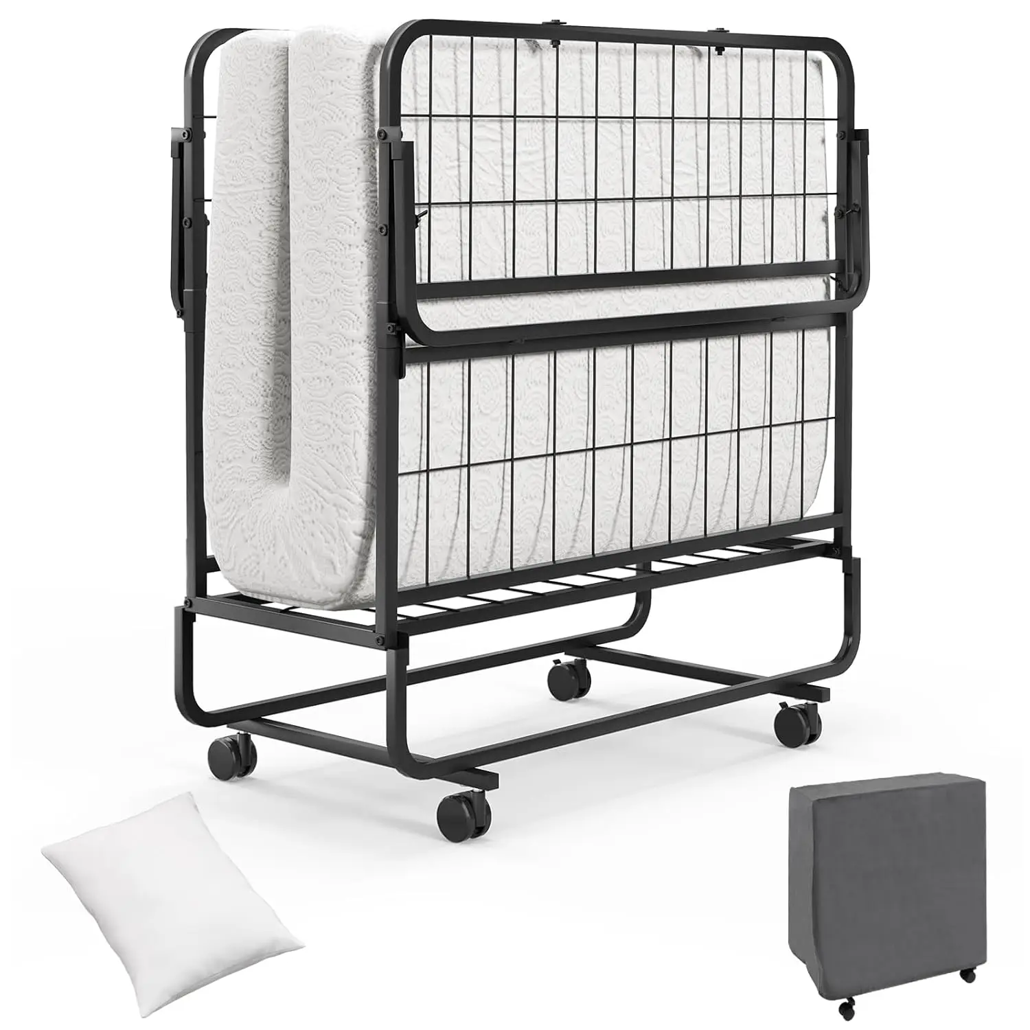Folding Bed With Memory Foam Mattress & Pillow, 75' X 39' Twin Size, Roll Away Guest Bed On Wheels, Metal Frame,, Customized