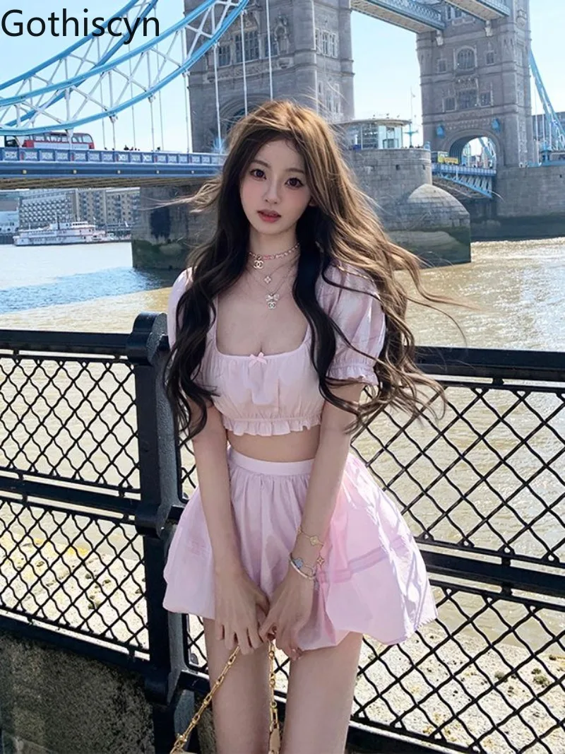 

Gothiscyn Cute Set Women's Summer Short-sleeved Square Collar Top High Waist A-line Skirt Two-piece Set Fashion Female Clothes
