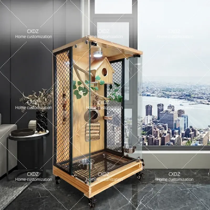 Luxury Solid Wood Parrot Bird Cage Villa Panoramic Design Splash Proof House for Large Parrots Monk Parakeet Golden Sun