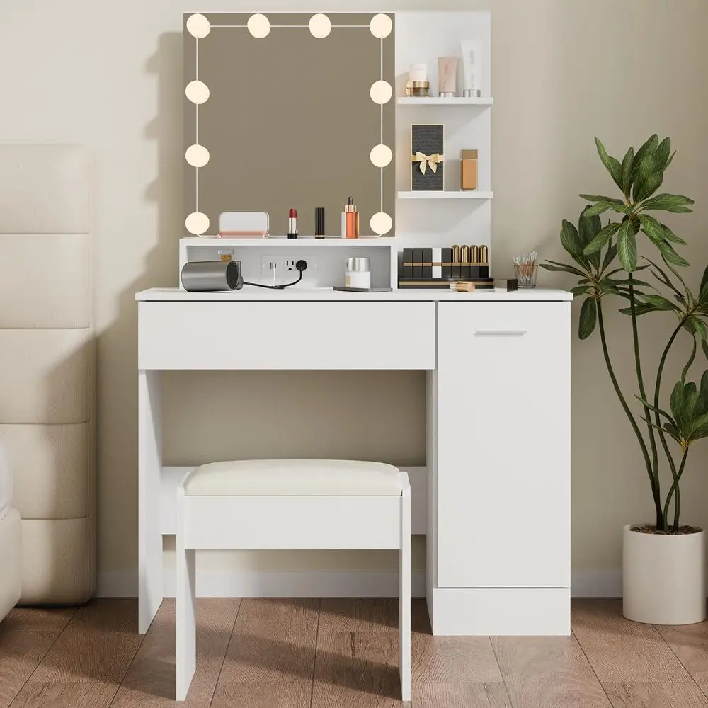 

Compact Makeup Vanity Table Set with Storage Drawers & Chair, Desk with Lighted Mirror & Power Outlet, 3 Adjustable Brightness S