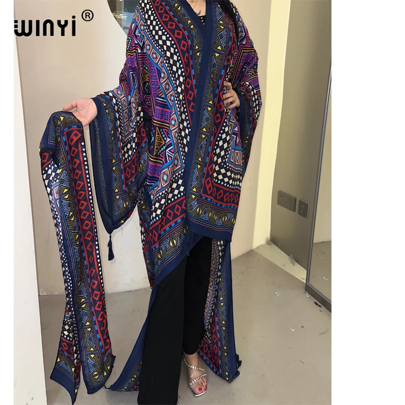 WINYI Summer Beach Wear Cover Up Lady Boho Cardigan printing elegant sexy Holiday Kimono maxi dress abaya dubai luxury