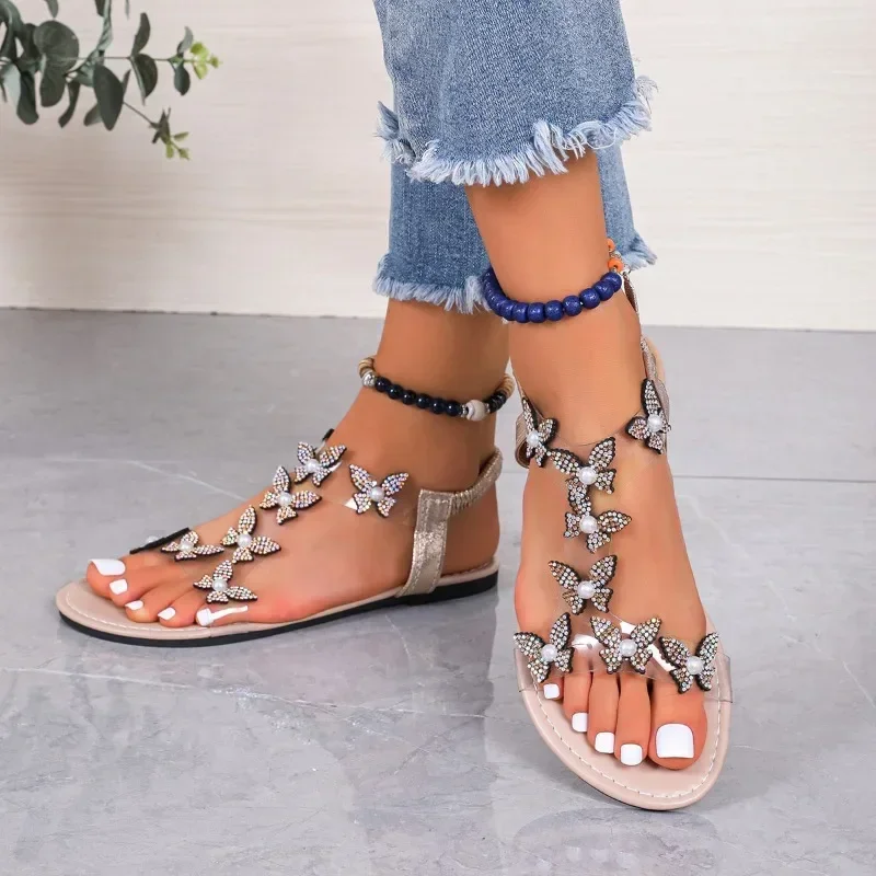 Summer Women's Shoes 2024 High Quality Fashion Open Toe Women's Sandals One-line Buckle Butterfly Decoration Women's Shoes