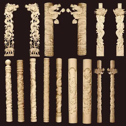Vintage Chinese Dragon Pillar Wood Carved Applique Onlay Molding Roman Column Decal Furniture Home Decor Niche Decoration