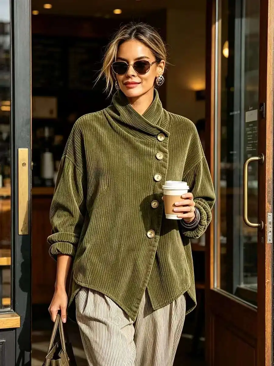 Corduroy Loose Jacket Solid Color Simple Comfortable Autumn Winter Irregular Semi High Neck Off Shoulder Diagonal Button Coats
