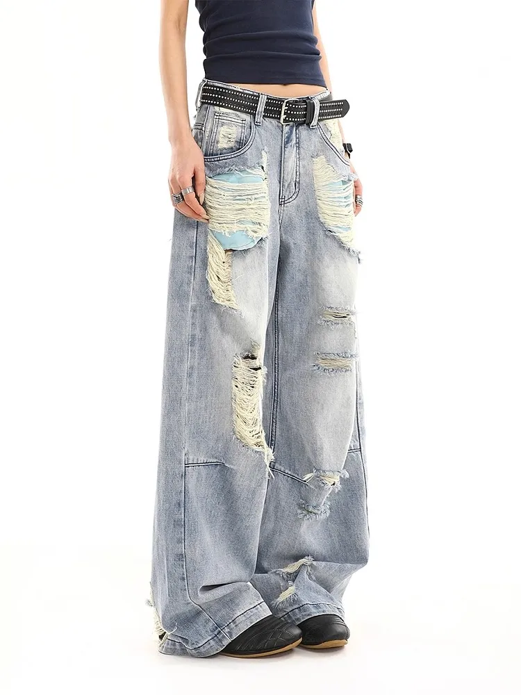Women's Blue Ripped Jeans Cargo Baggy Washed Y2K Japanese Harajuku High Street Aesthetic Vintage Casual Pants Jeans Clothing New