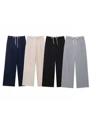 HH Female 2024 Summer Fashion Versatile Straight Pants Drawstring Double Layer Waist Commuter Elegant Wide Leg Trousers