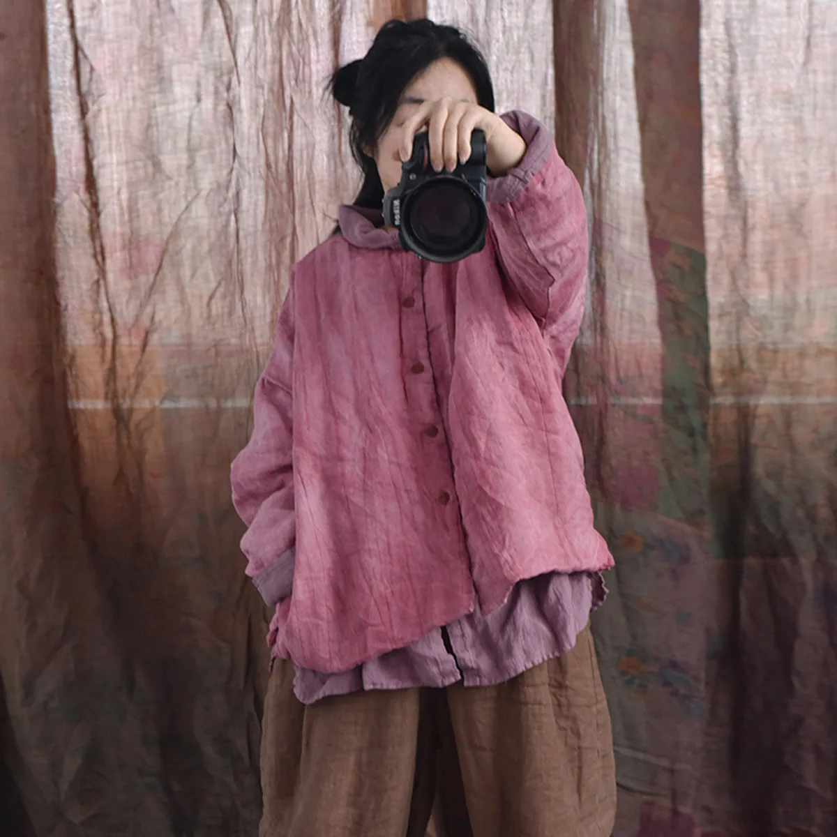 

Women Vintage Padded Thin Quilted Jacket Coats High-quality Ramie Crinkle Clothes Button Winter Warm Loose casual Short Outwear