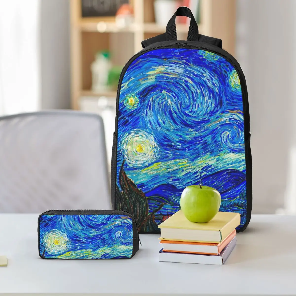 スターライトナイト ゴッホ バックパック 学生 男の子 女の子 ブックバッグ スクールバッグ ラップトップ ショルダーバッグ 3ps 保温ランチバッグ ペンケース
