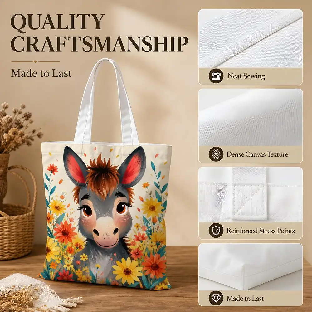 Donkey Print Storage Bags Canvas Tote Bag Women Large Capacity Reusable Shopping Shoulder Bag Daily Handbag