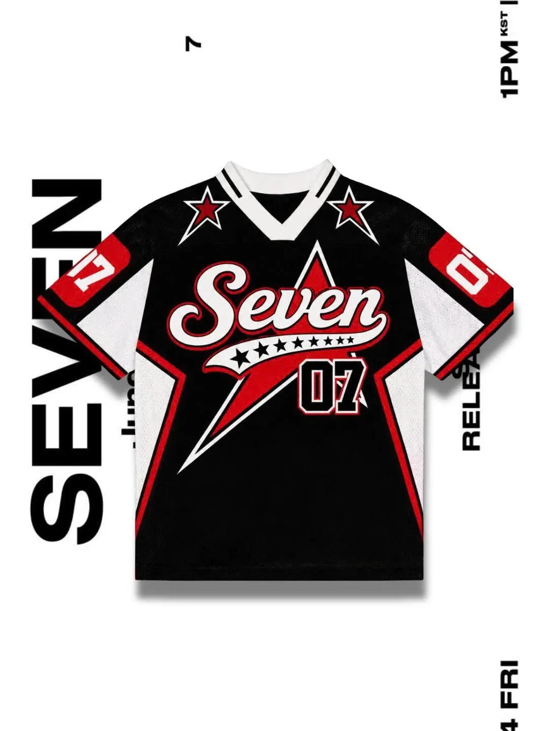 Black Red Star Mesh Jersey JUNGKOOK 97 Seven 07 Lightning Print V Neck Oversized Breathable Kpop Fan Concert Short Sleeve Top view 2
