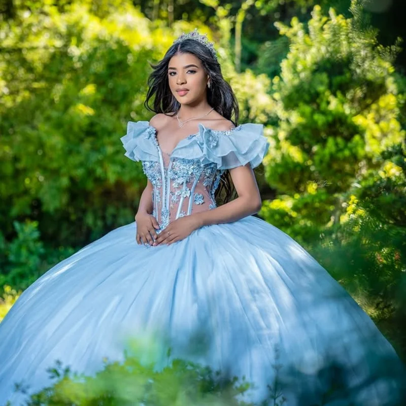 

sky blue Quinceanera Dress off-shoulder Lace layering flower glitter decal Long tail vestidos de 15 Quinceanera ﻿Customized
