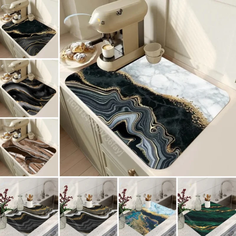 Black Marbling Dish Drying Mat Super Absorbent Tableware Kitchen Bottle Anti-slip Dry Pad Kettle Bar Counter Tool Luxury Rugs