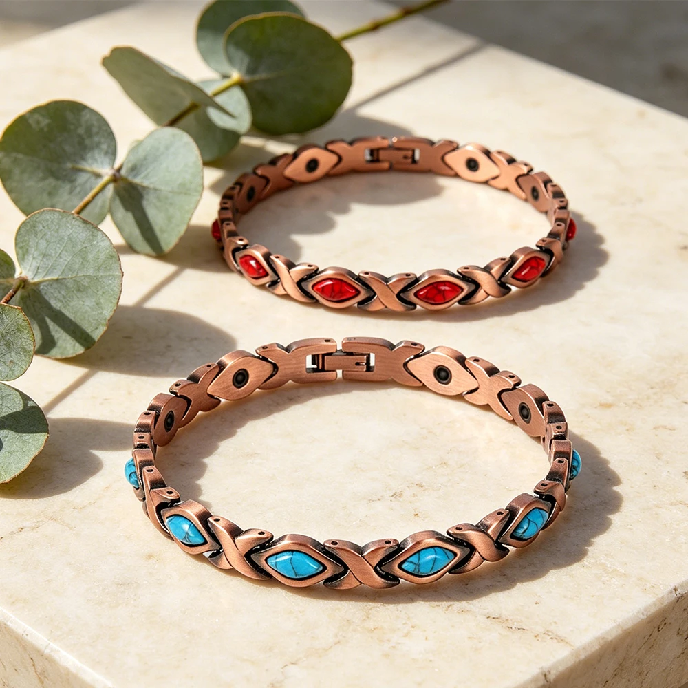 Lot de 2 Bracelets Magnétiques Vintage en Cuivre, avec Pierres Rouges et Turquoises Incrustées, Bijoux de Santé Tendance pour Femmes
