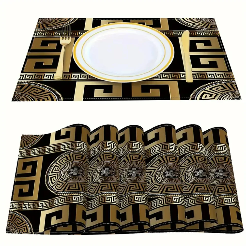 Elegant Geometric Placemats - Luxurious Black & Gold, Durable Waterproof Table Mats for Home Decor - Greece-Inspired