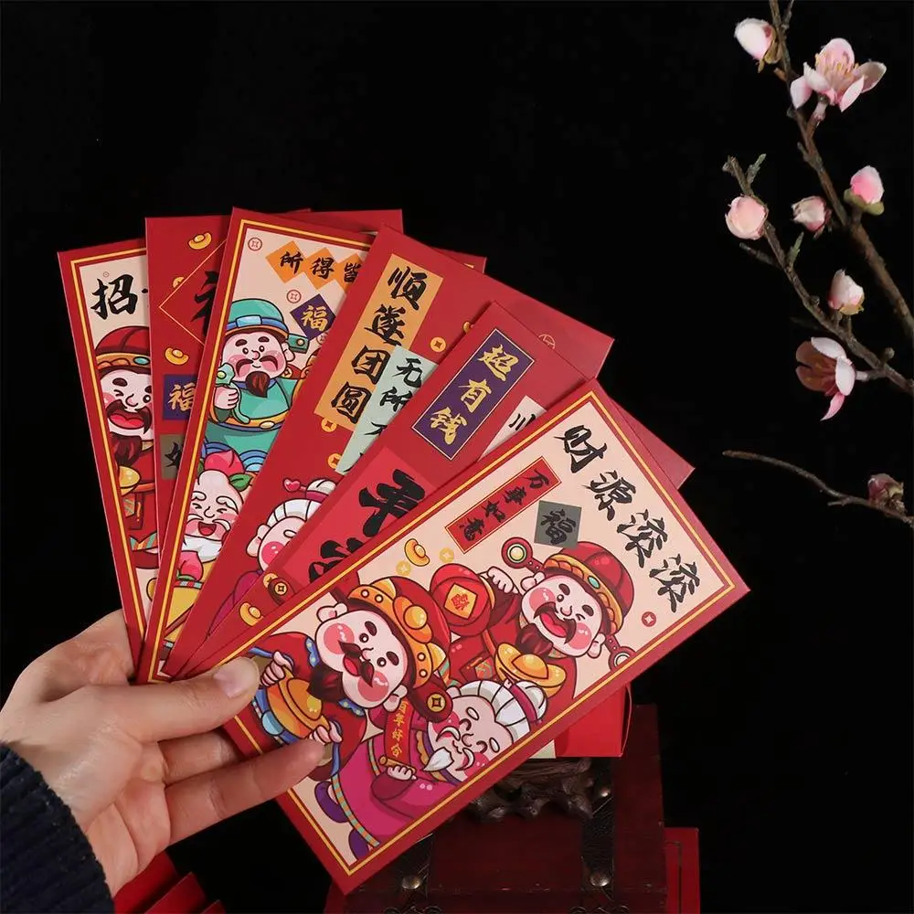 6Pcs Solid Chinese New Year Red Envelope Mixed Pattern Blessings Printing Red Packet Thickened Rectangular HongBao 2025