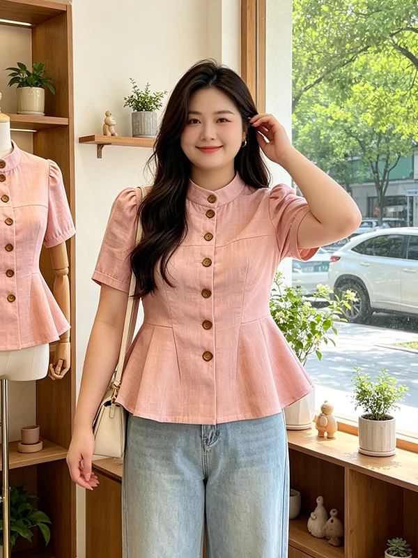 

Elegant Korean Style Women's Shirt Short Sleeve Single Button Stand Collar plus Size Pink Slimming Age-Defying Summer New Arr...