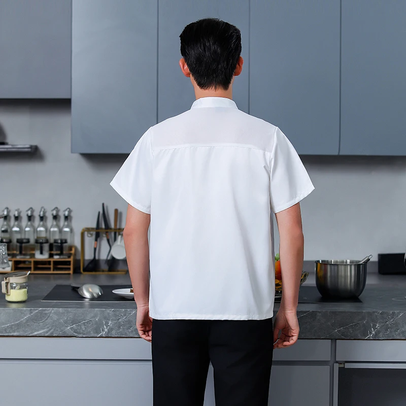 キッチンシェフ制服通気性レストランシェフコート男性半袖ジャケット白エプロン作業服ロゴシェフショーツ夏