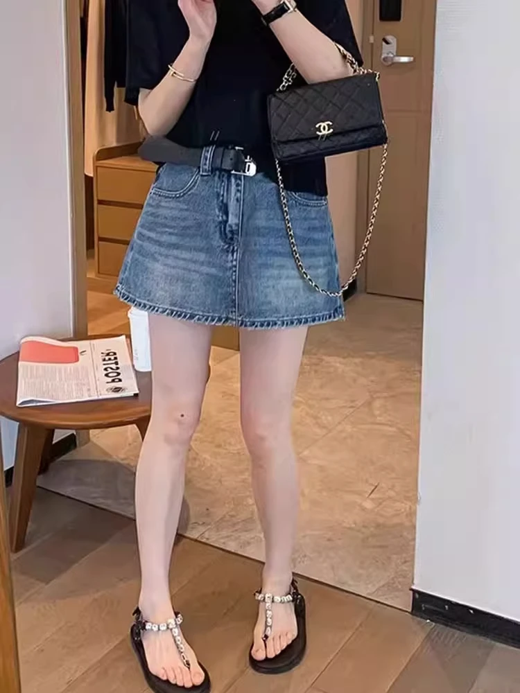 Falda de Cintura Alta, Línea A, Estilo Denim Retro Azul, para Mujer, Verano, Nueva, Talla Grande, Adelgazante, Pantalones Cortos, Estilo Coreano, Poliéster...