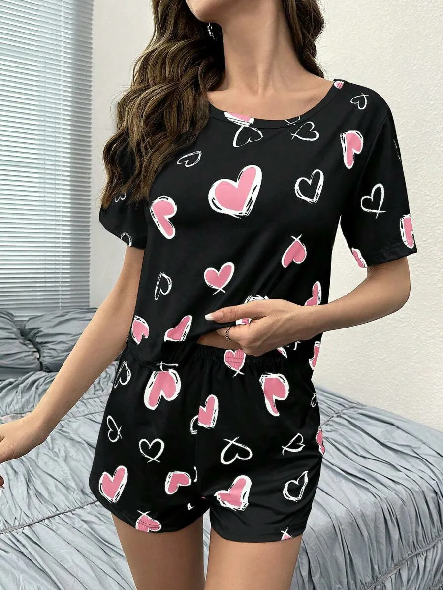 Women\'s new style pajamas short sleeve top heart pattern shorts Casual elegant two-piece home wear