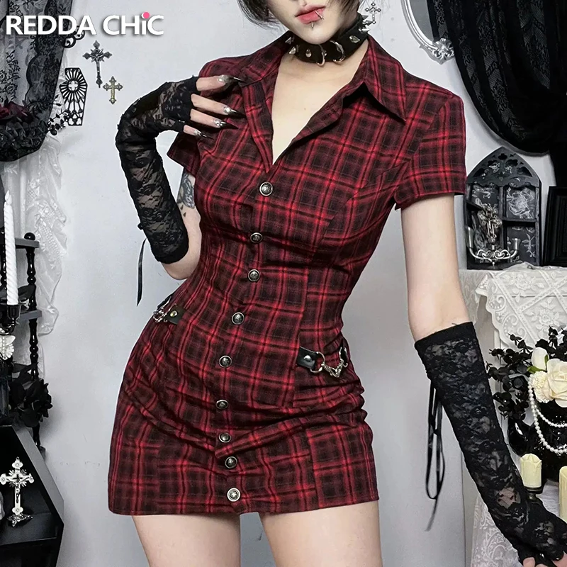

ReddaChic Tartan Plaid Retro Blouse Top Gothic Short Sleeve Polo Collar Button Down Extra-long Shirt Dark Punk Women Clothes