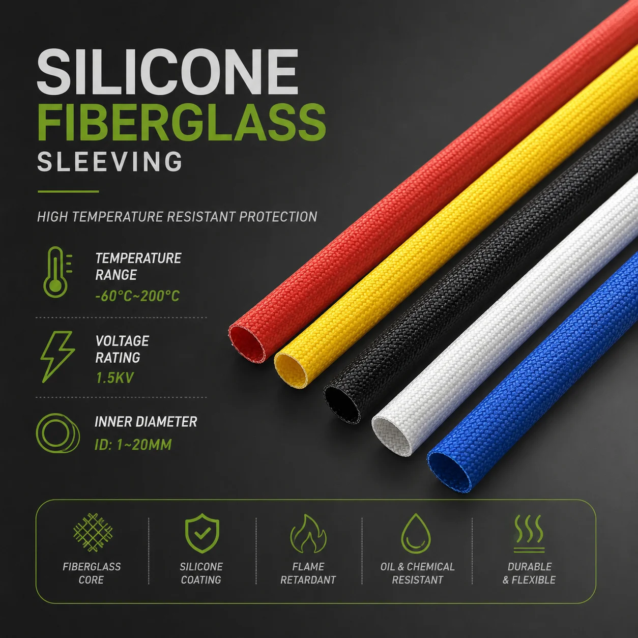 2/5/10/20 Meters 200 Degree Fiberglass Conduit, Inner Diameter 1-20mm, Fire-resistant Insulation for New Energy Equipment Cables