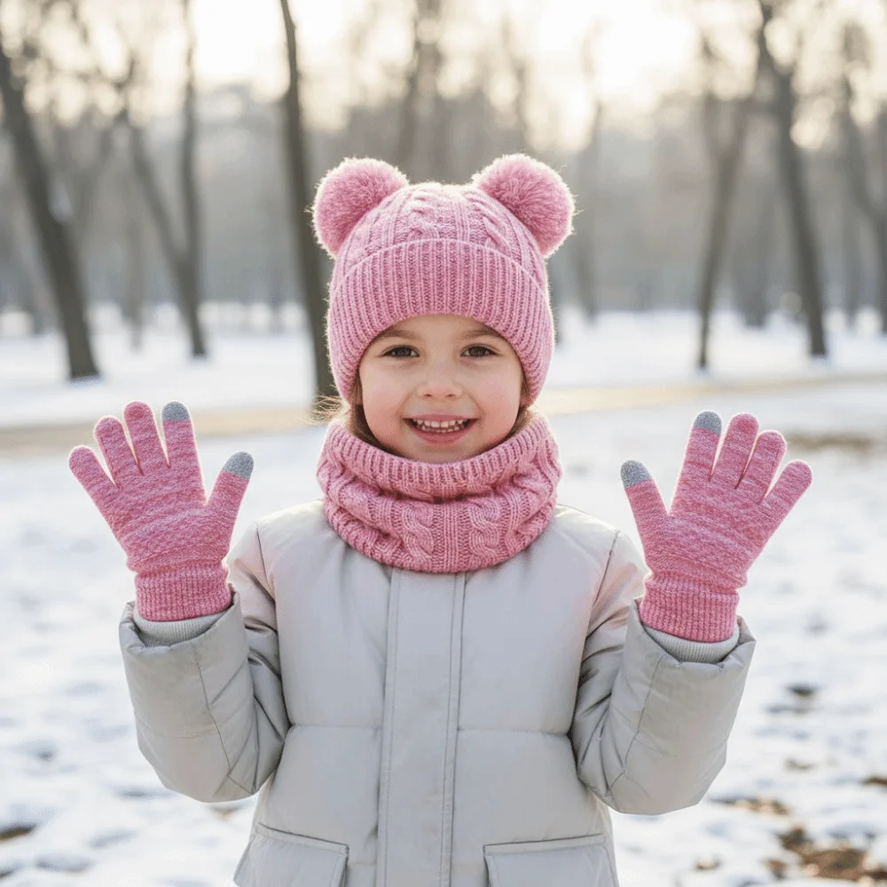 

Cute Pompom Baby Hat Scarf Gloves Set Warm Ears Thickened Toddler Knitted Hats Multicolor with Velvet Kids Hat Set Outdoor