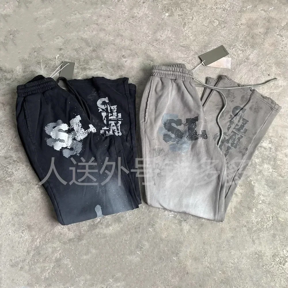 Soiled SSSAINT LOUIS Splashing Ink Pants Casual Loose Drawstring Sweatpants Men Women Washed Hipp Hop Hole Damaged Trackpants