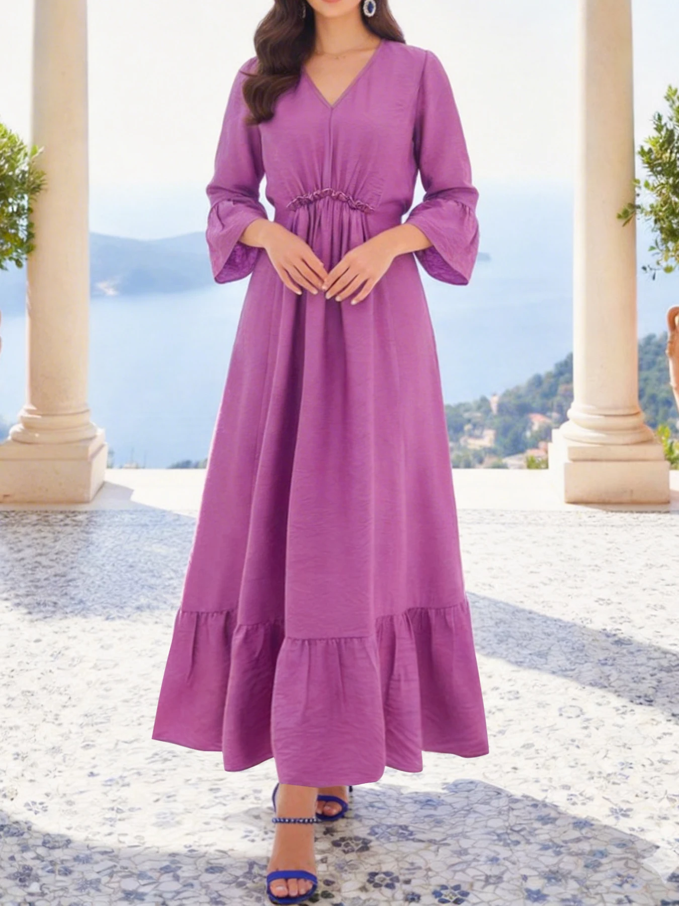 Damen Maxikleid in Leuchtendem Lila mit V-Ausschnitt, Trompetenärmeln, Taillenbindung und Rüschen für das Büro