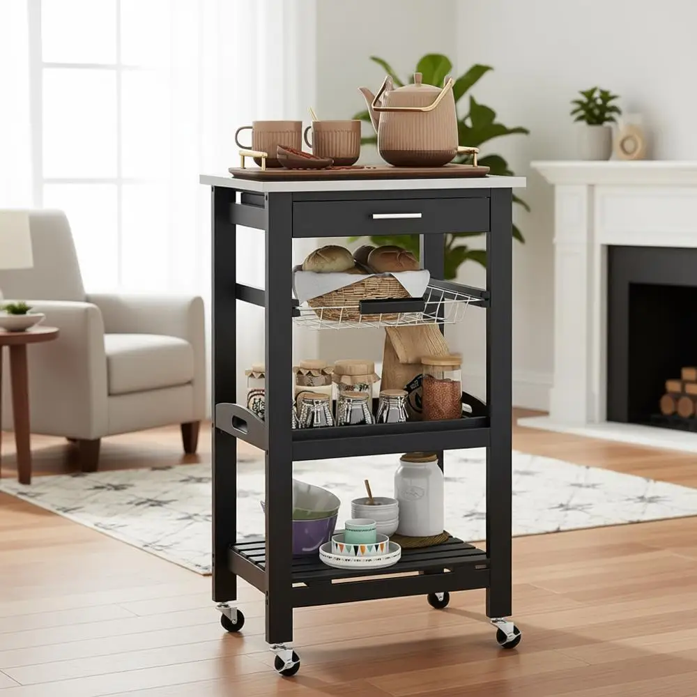 

4-уровневая кухонная тележка из нержавеющей стали с проволочной корзиной и подносом для сервировки, черная