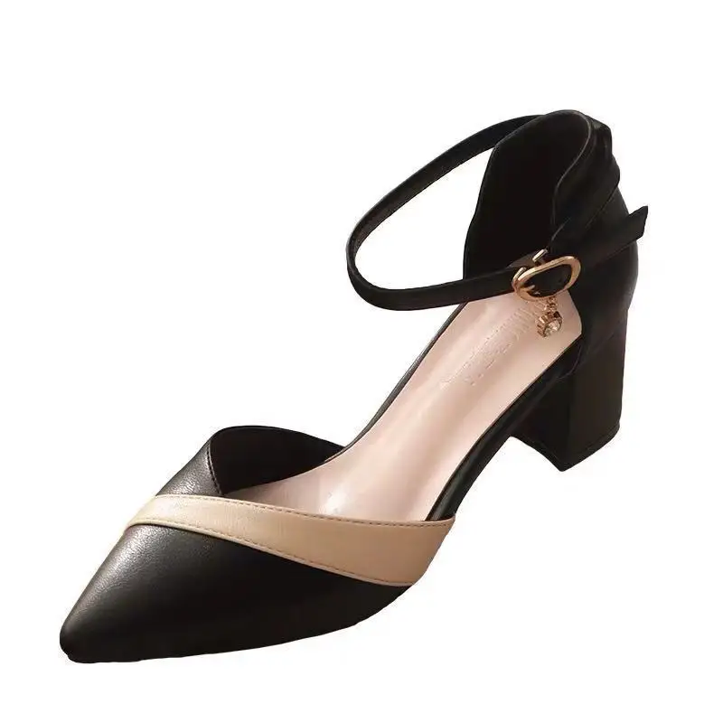 Scarpe a punta con tacco quadrato Beige classico da donna per décolleté professionali in pelle PU con fibbia nera primavera estate da donna