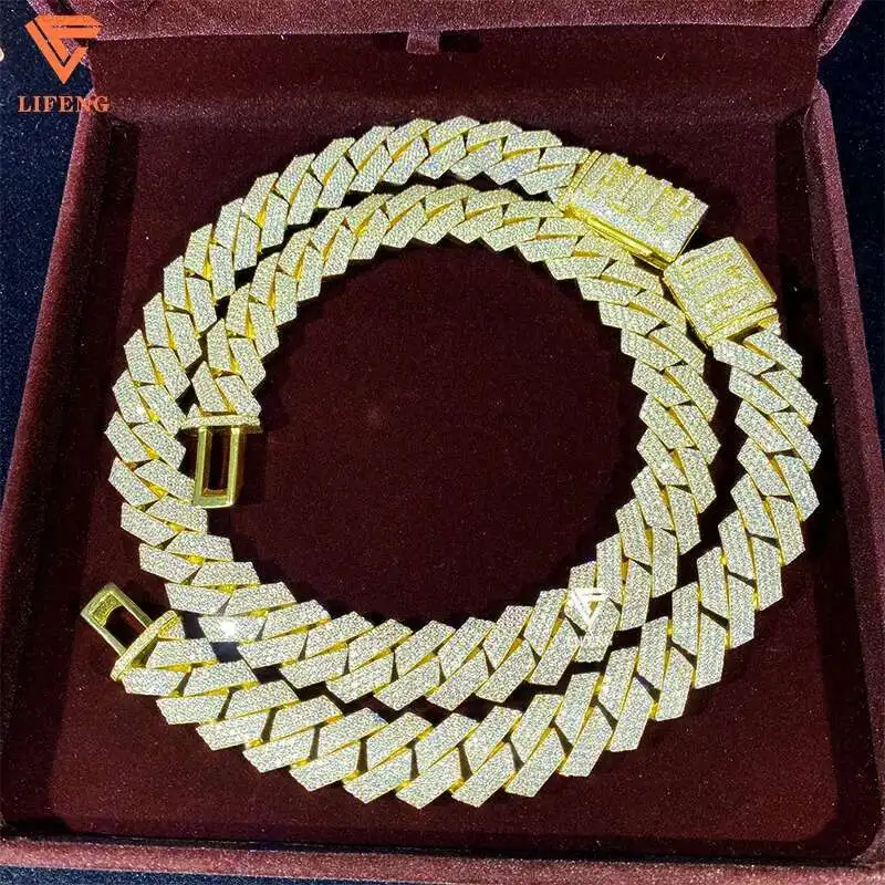 

100% Pass Diamond Tester 18mm S925 Sterling Silver Iced 3Rows VVS Moissanite Cuban Link Chain Mens Hiphop Necklace Jewelry