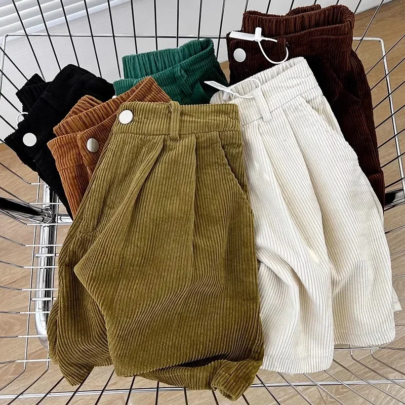 2023 Autumn Winter New High-waisted Slimming A- line Corduroy Shorts Women's Petite Casual Bell Bottoms