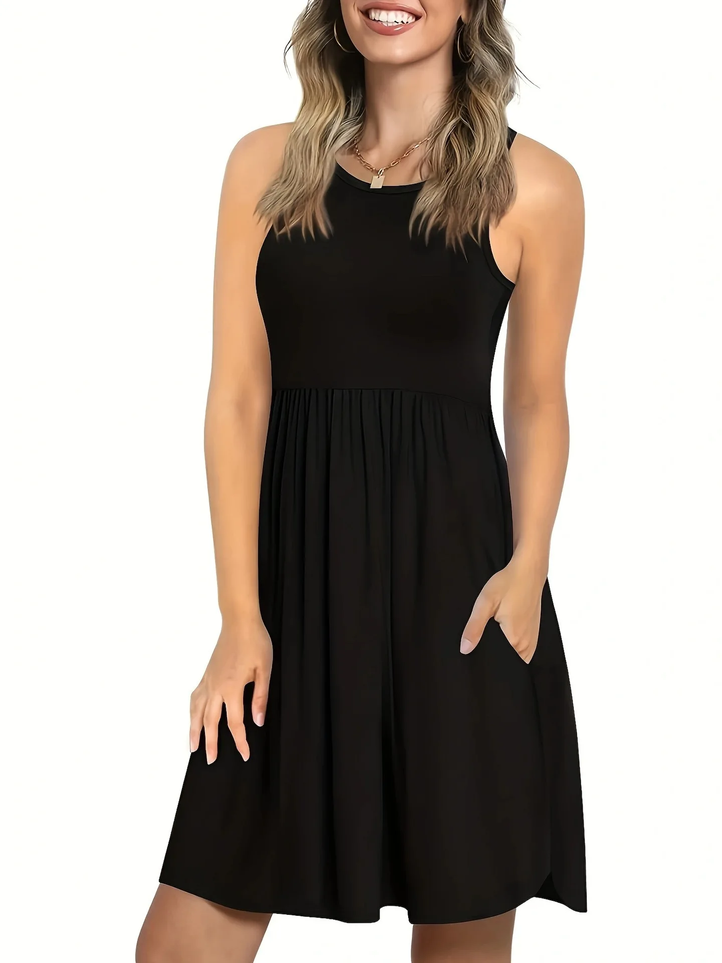 

New round neck sleeveless vest pocket solid color plus size dress