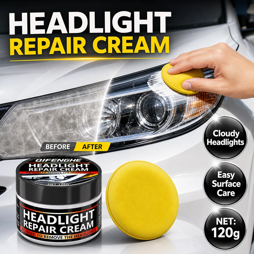 QIFENGHE 120g Headlight Repair Cream with Sponge, Car Headlamp Polishing Paste, Remove Yellowing Oxidation Haze, Restore Headlig
