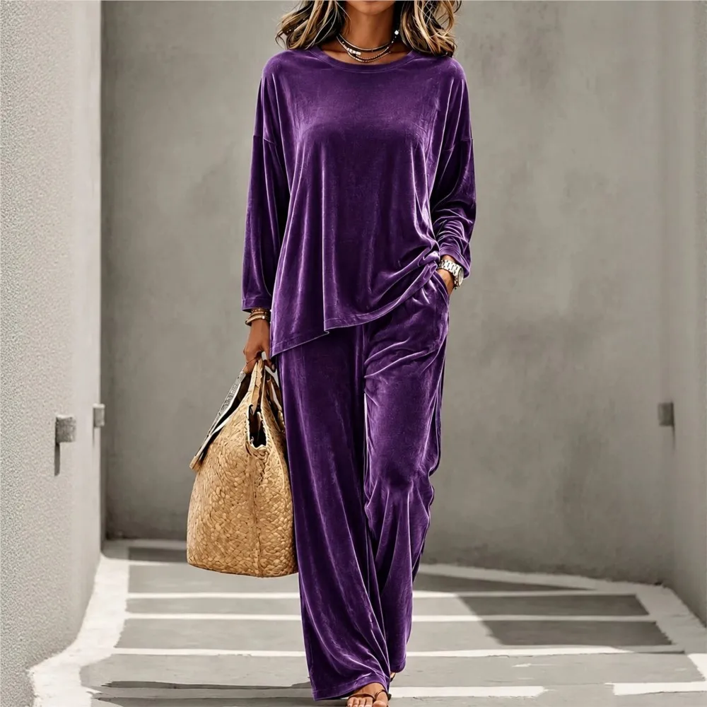 Autumn New Gold Velvet T-shirt Long Sleeve 2-piece Set Women's Casual Retro Loose Simple Wide Leg Pocket Pants Female Daily Suit
