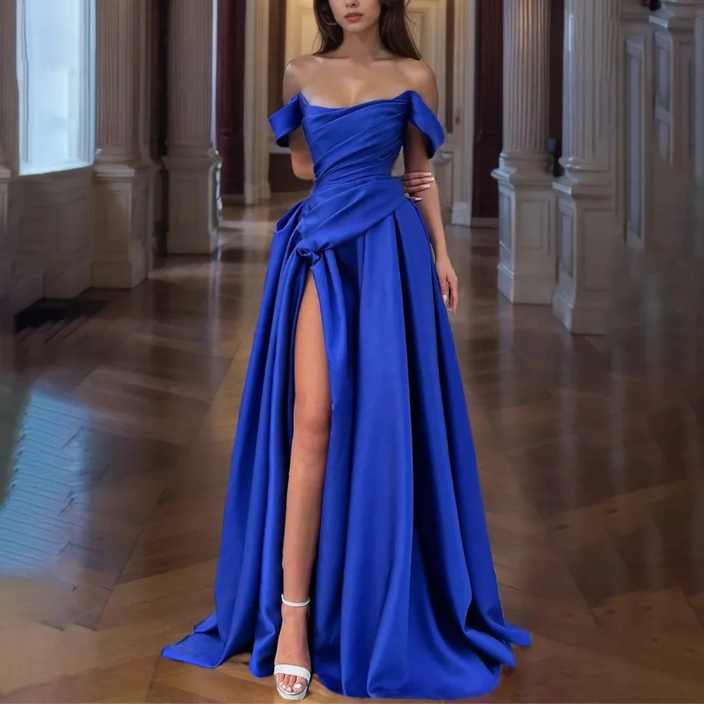 

Королевское синее атласное платье для выпускного вечера с открытыми плечами, трапециевидное плиссированное элегантное женское вечернее платье для особых вечеринок, современный стиль