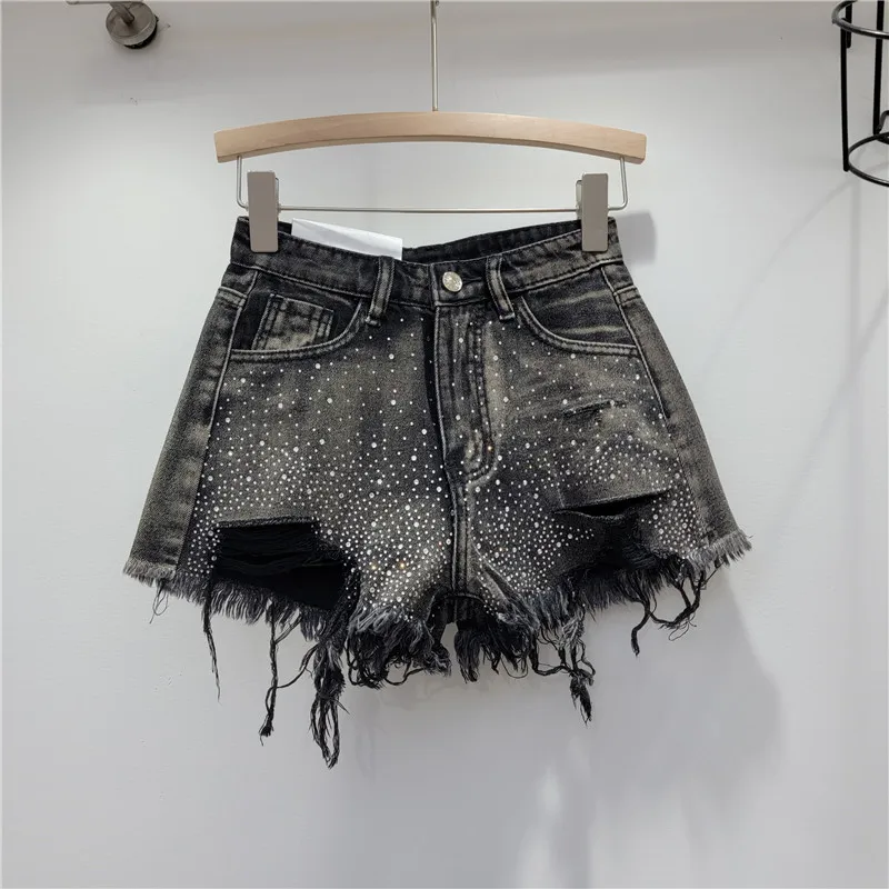 Jeans Shorts Women Hole Denim Short Pants Rhinestone High Waist Stretch Washed Vintage Denims 2026 Summer Streetwear Distressed