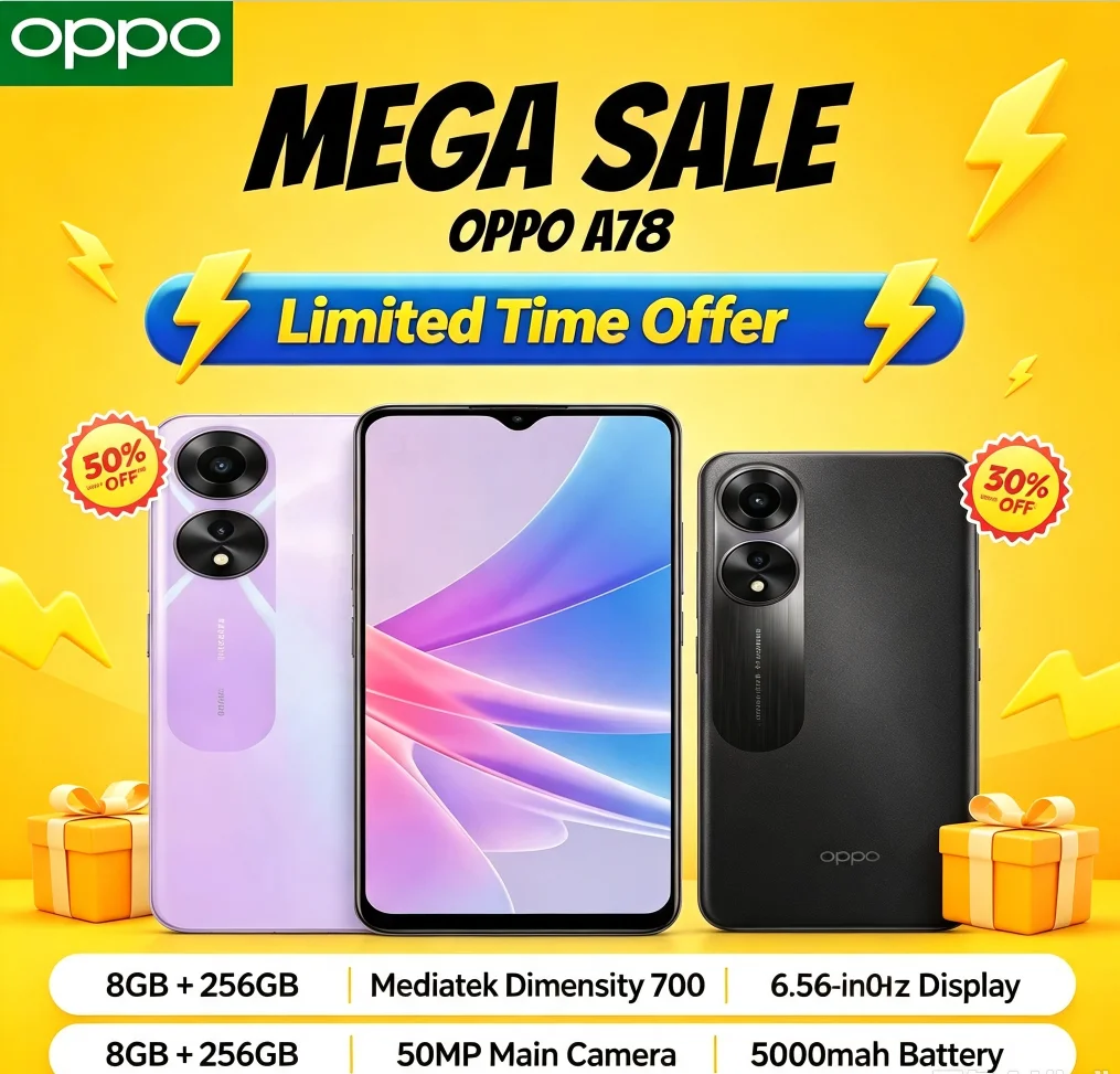 New Arrival 2026 Official OPPO A78 Unlocked Mobile Phone 6GB+128GB Dual SIM 6.5-inch FHD+ Display MediaTek Helio G99 Chip
