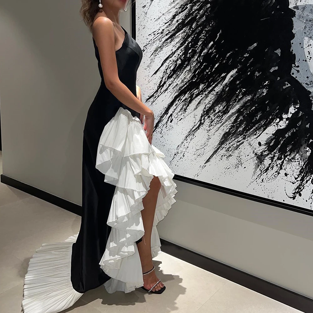 Satin Contrast Color Ruched Tiered Pleats High-Low Front Slit One Shoulder Sleeveless Temperament and Modern Evening Dress 2024