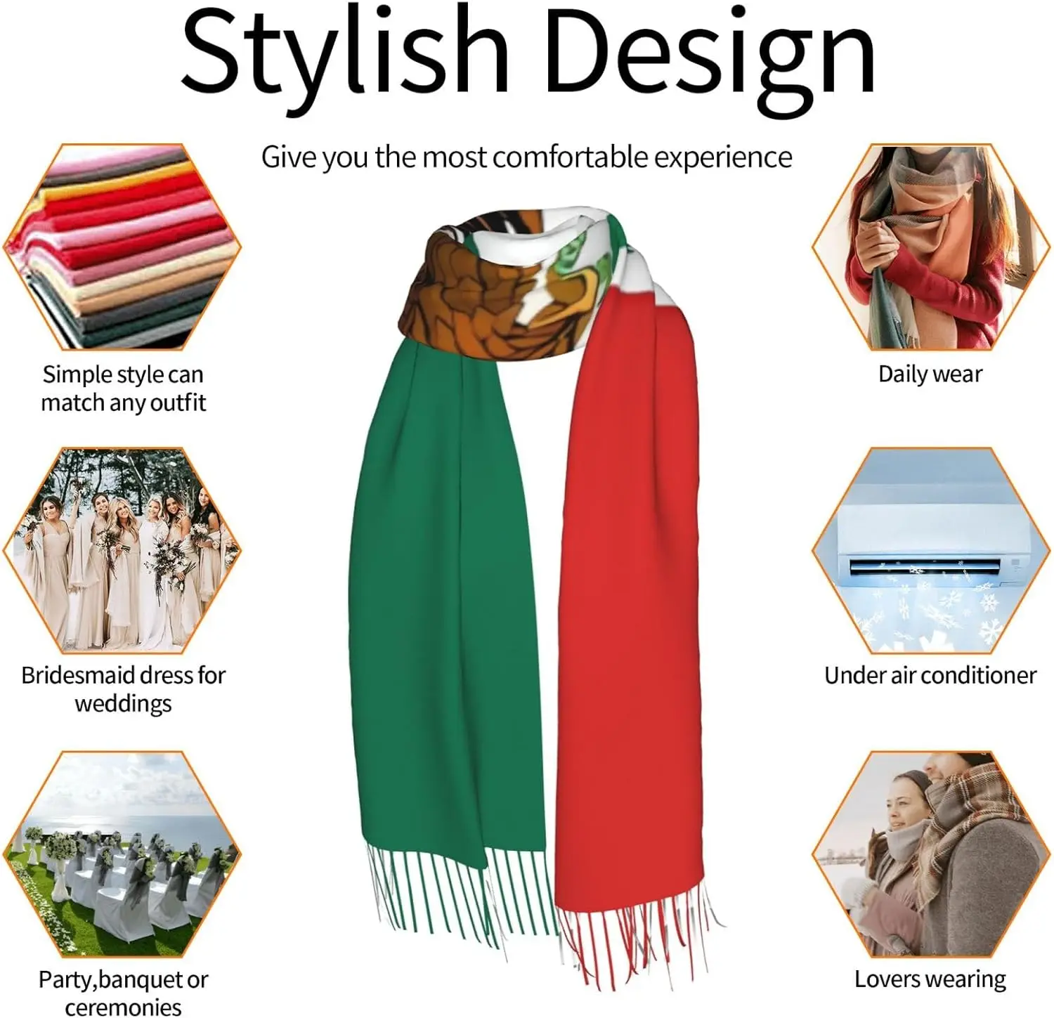 여성용 스카프 가볍고 부드러운 스카프 멕시코 국기 숄 겨울 따뜻한 프린지 스카프