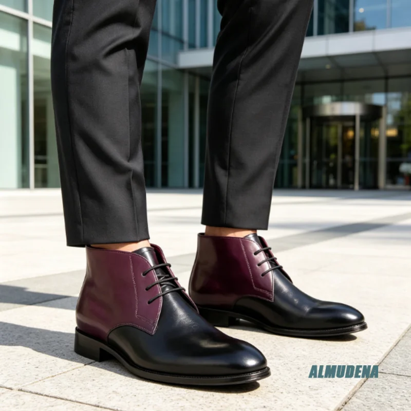 Spliced Polished Leather Chukka Boots Men Fashion Lace Up Round Toe Shoes Outdoor Spring Autumn New High Cut Formal Ankle Boots