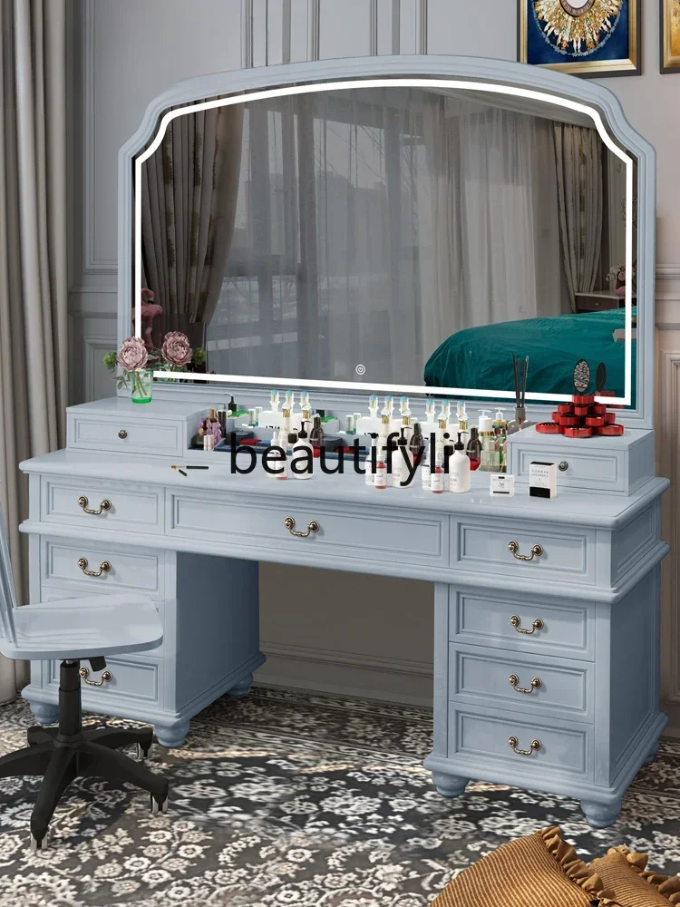 

FG10Pure solid wood large mirror large size with lamp premium gray American light luxury dresser