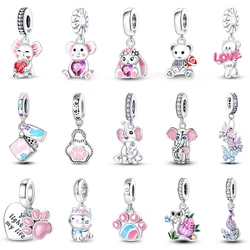 925 Silver Color Cat Bear Elephant Rabbit Cute Pink Animal Charms Bead Fit 3mm 925 Original Bracelets Fine DIY Jewelry Gifts