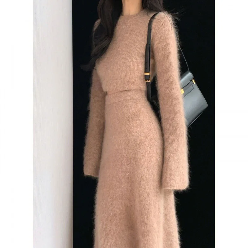 Autumn Winter Women Two Piece Outfits Sweater Set Elegant Vintage Slim Plush Long Sleeve Short Knit Pullover and Long Skirt Suit