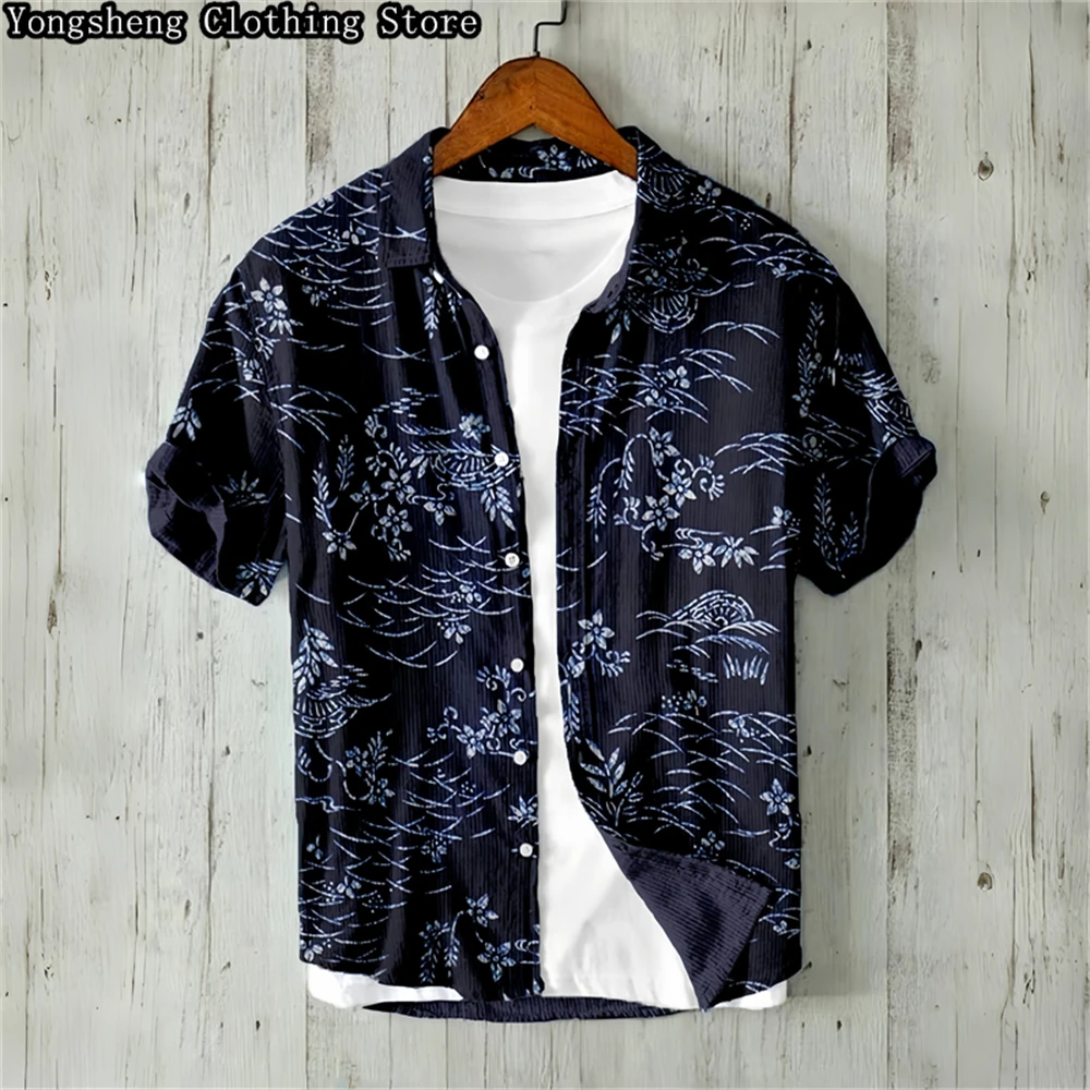 Men\'s short-sleeved linen printed shirt 2024 Chinese style popular elements retro vacation casual clothing