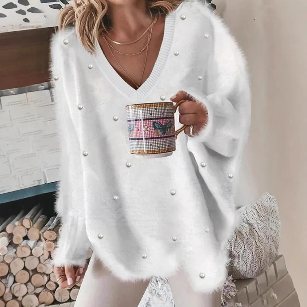 

Autumn Winter V-Ne Beaded Color Knit Sweater Women's Overhead Top Faionable Casual Comfortable Breathable